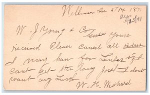 1891 WH Nishurel WJ Young & Co. Wellman Iowa IA Clinton IA Postal Card 