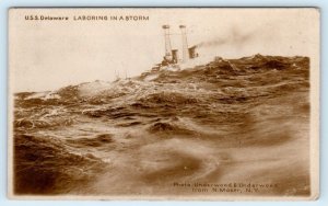 RPPC Ship U.S.S. DELAWARE Laboring in Storm ~ Underwood & Underwood Postcard