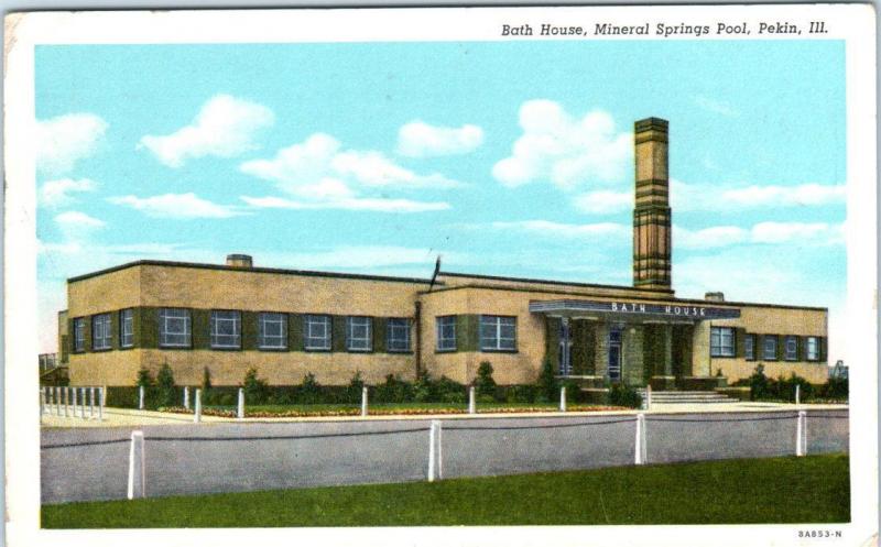 PEKIN, Illinois  IL   BATH HOUSE Mineral Springs Pool  1953  Linen Postcard