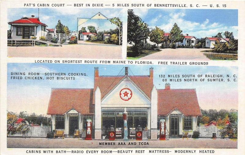 A38/ Bennettsville South Carolina SC Postcard Pat's Cabin Court Gas Station c'30