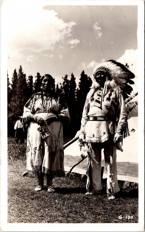 Native American Indian Couple Chief RPPC Photo Vintage Postcard Headdress 