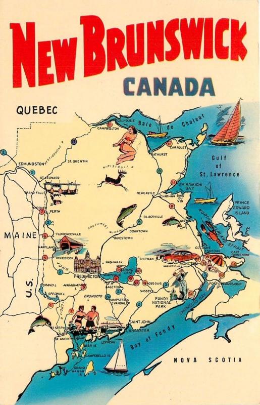 Postcard New Brunswick Canada Map maine us nova scotia quebec 