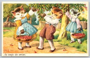 Fantasy~Dressed Boy & Girl Cats Happily Picking Baskets Of Cherries~France