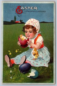 Easter Congratulations, Girl, Hatched Chicks, Antique Embossed E Nash Postcard
