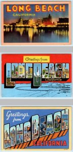 3 Large Letter Linen Postcards LONG BEACH CALIFORNIA CA  ca 1940s