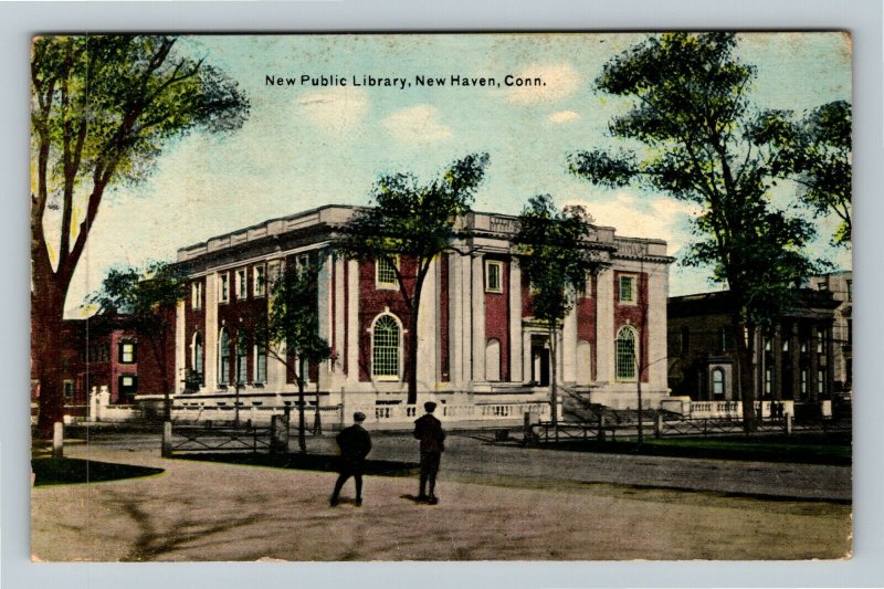 New Haven CT-Connecticut, New Public Library, Boys, Vintage c1913 Postcard