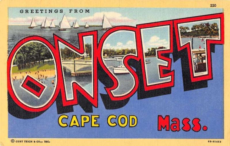 Onset Massachusetts Greetings From large letter linen antique pc Z49714