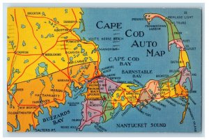 1952 View of Bays, Cape Cod Auto Map Bridgetown Massachusetts MA Postcard