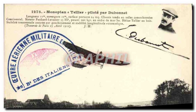 Old Postcard Jet Aviation monoplane Tellier driver by Dubonnet
