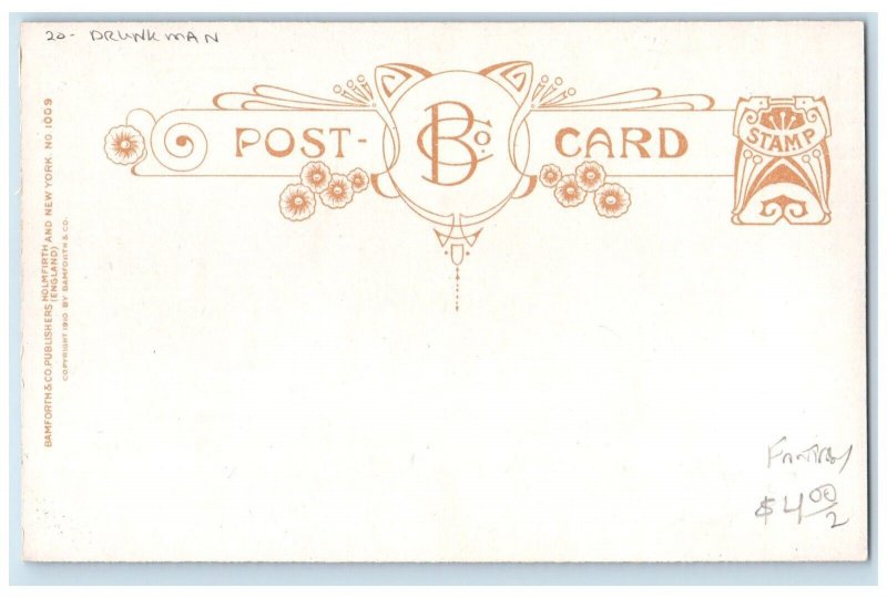 c1910's Drunk Man And Snowman Pipe Holly Berries Mistletoe Bamforth Postcard