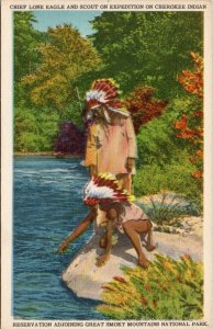 Chief Lone Eagle & Scout Cherokee Indian Reservation c1953 Postcard F53 