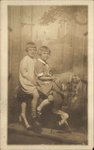 Little Girls on Beautiful Antique Toy Rocking Horse Real Photo c1910 Postcard