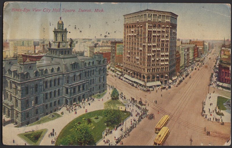 Michigan DETROIT Birds-Eye View City Hall Square Administrative Bldg pm1911 ~ DB