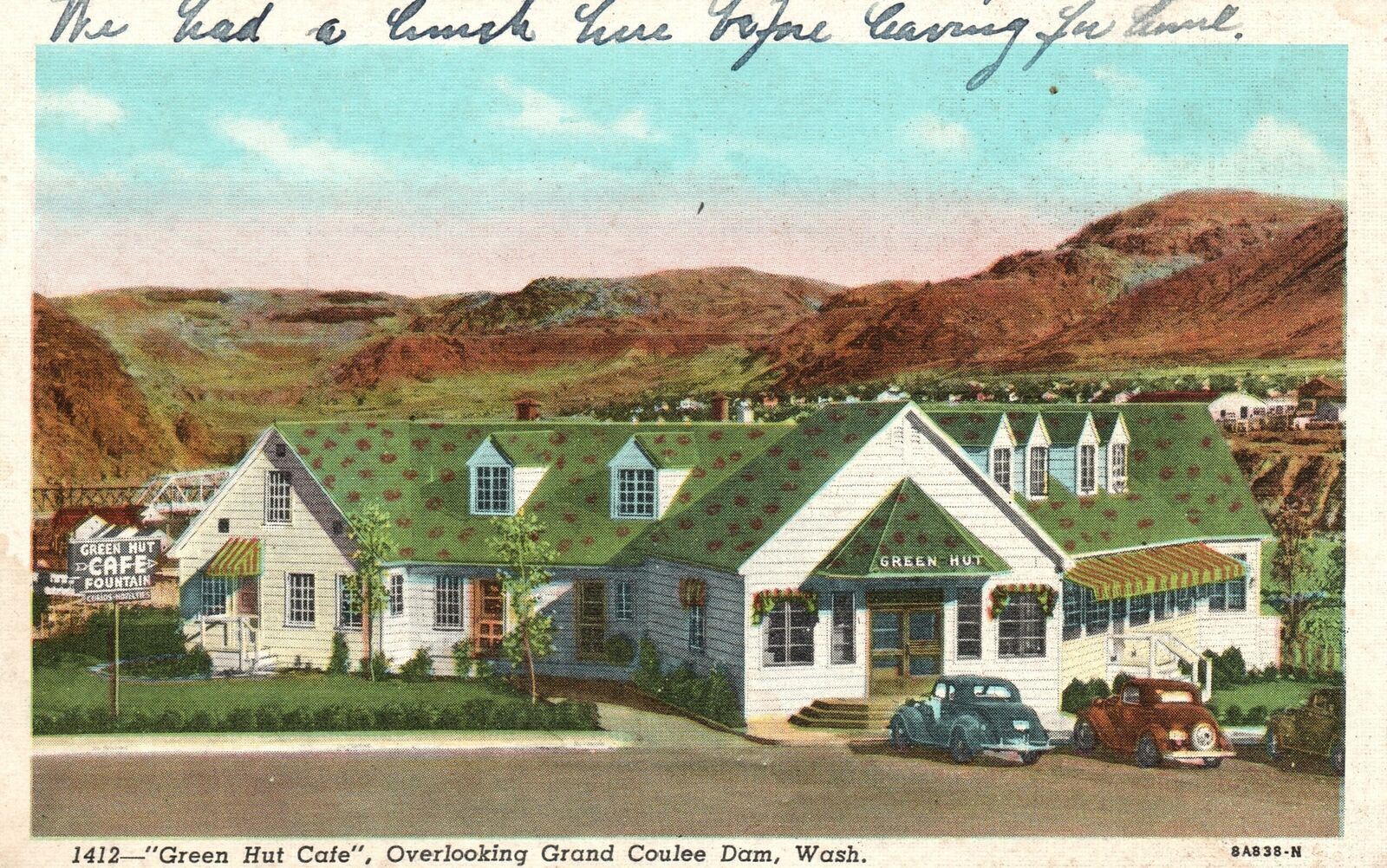 Vintage Postcard 1920's Green Hut Café Overlooking Grand Coulee Dam