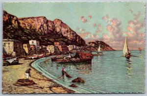 Postcard Capri Italy Marina Grande Boats Mountains 1930s Linen View