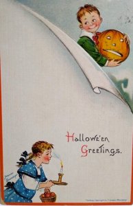 Halloween Postcard Frances Brundage Children JOL Candle Series 123 Original 1913