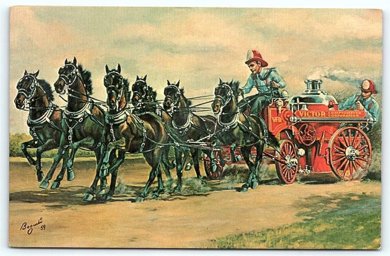 Postcard Ad Card Victor Six Pony Hitch Steam Fire Wagon Comptometer Corp B35