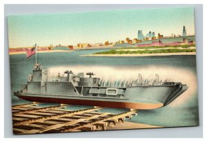 Vintage 1940's Military Postcard Launch Naval Ship Harry Darby's Shipyard Kansas