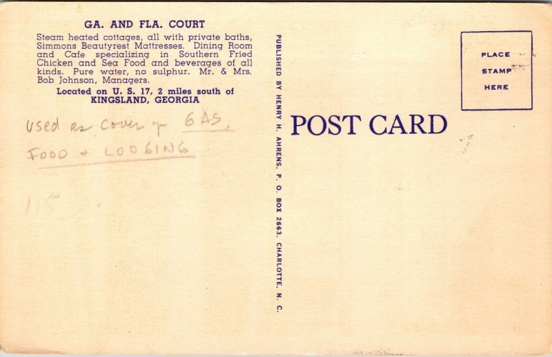 Linen Postcard Georgia and Florida Court in Kingsland, Georgia~1916