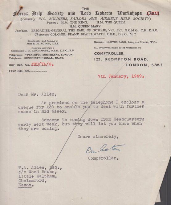 Forces Help Society Fund Raising 1949 Post WW2 Essex Military Receipt Letter