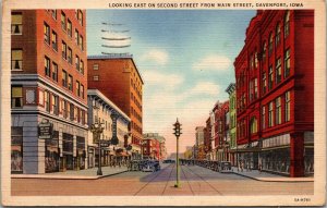 Vtg Davenport Iowa IA Looking East on Second Street from Main 1930s Postcard