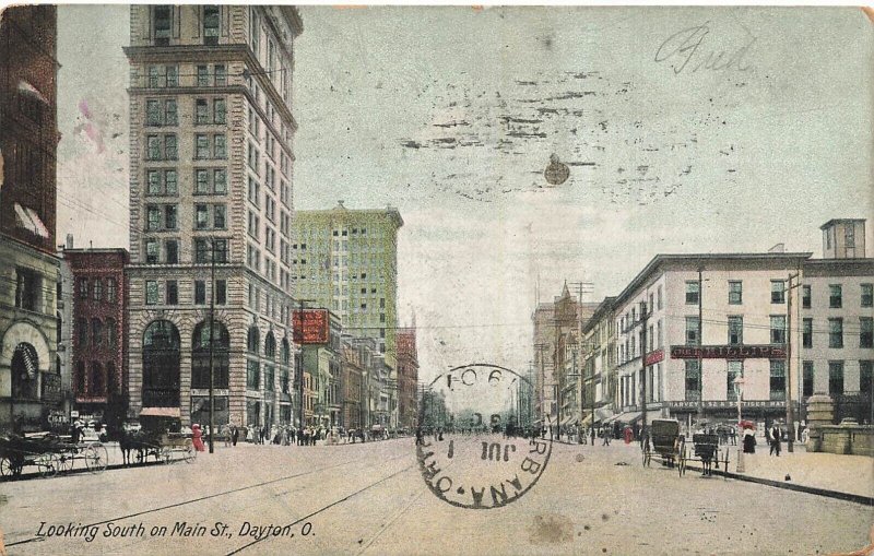 DAYTON OHIO~LOOKING SOUTH ON MAIN STREET-STOREFRONTS~1907 J B MEILER POSTCARD