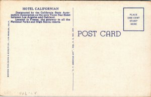 Vtg 1920's Hotel Californian Fresno California CA Linen Postcard