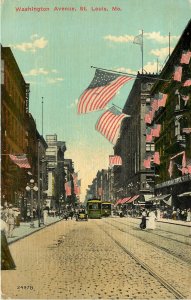 Postcard Washington Ave. St Louis MO US Flags on Every Building Up the Street