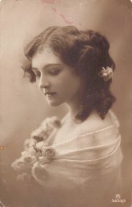Portrait Woman With Curly Hair in Ponytail and Roses RPPC postcard