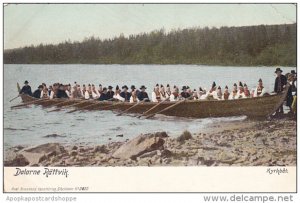 Sweden Dalarne Raettvik River Scene With Large Boat and People Rowing