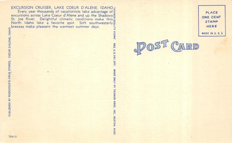 ID, Idaho CROWD~EXCURSION CRUISER SEEWEEWANA~Lake Coeur d'Alene c1940's Postcard