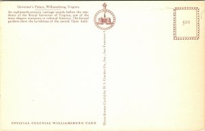 Governors Palace Williamsburg Virginia VA Horse Carriage Royal Postcard VTG UNP 