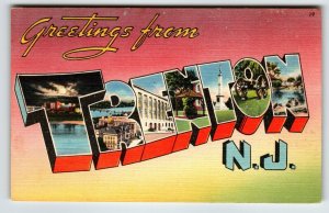 Greetings From Trenton New Jersey Large Letter Linen Postcard Unposted Tichnor