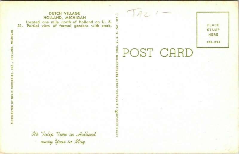 Dutch Village Holland Michigan MI Stork WB Postcard VTG UNP Unused 