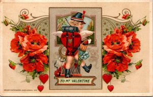 1912 Winsch Valentine's Day PC Cupid Love Guard Marching Bow Arrow Flower Heart