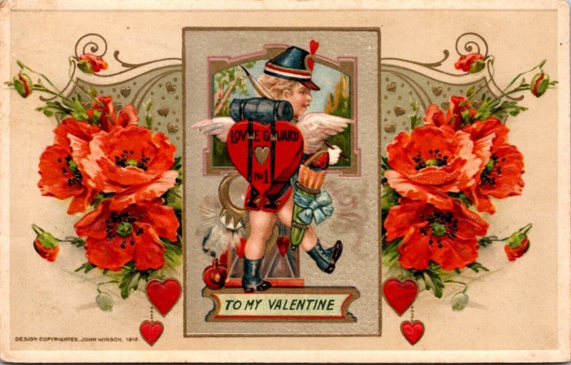 1912 Winsch Valentine's Day PC Cupid Love Guard Marching Bow Arrow Flower Heart