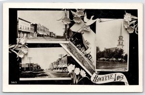 Hawkeye IA Pratt Harness~Henderson House~Train @ Depot~German Lutheran RPPC 1916