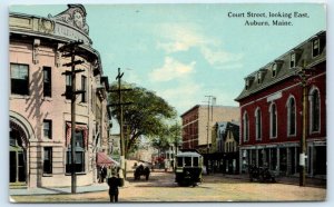 AUBURN, ME Maine ~COURT STREET SCENE Trolley c1910s Androscoggin County Postcard