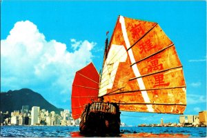 C1980s Chinese Junk Hong Kong Vintage Postcard Orange Sails