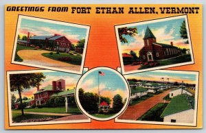 Greetings From Fort Ethan Allen Vermont~Multi-View Of Bldgs~Vtg Linen Postcard