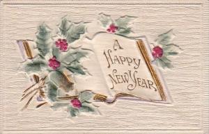 Happy New Year Open Book With Holly Embossed