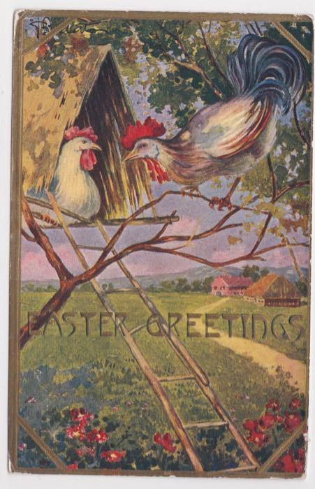 Rooster and Hen in Treehouse Chickens  Easter Greetings Postcard A35