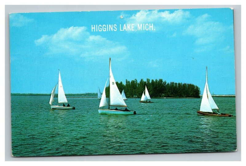 Vintage 1967 Postcard Sailboats on Higgins Lake Lyon Township Michigan