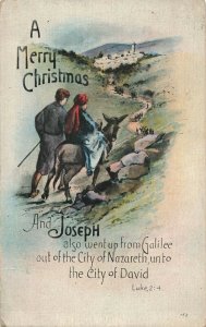 Christmas Mary and Joseph Luke Donkey Bethlehem Staff c.1920 Postcard 2t4-102