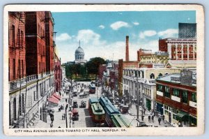 1920's NORFOLK VIRGINIA CITY HALL AVENUE TROLLEY CARS BILLIARDS PARLOR POSTCARD