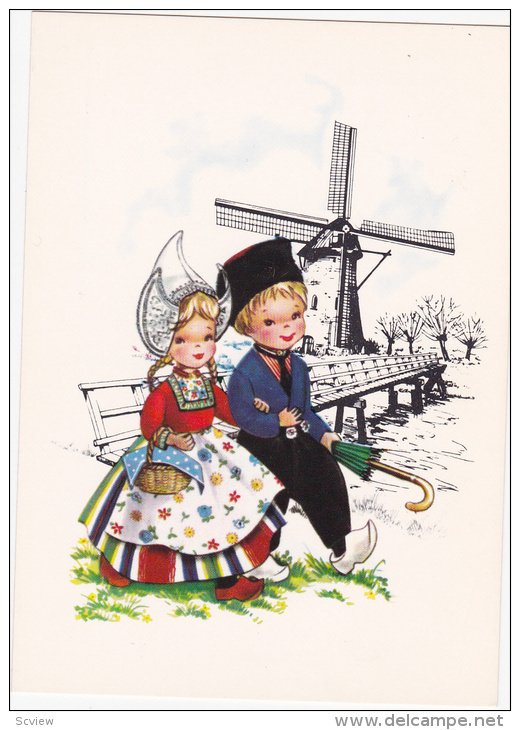 Windmill, Dutch boy and girl walking together, basket, umbrella, 40-60s