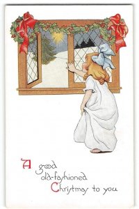 A Good Old-Fashioned Christmas Girl At Window 1910s Greetings Antique Postcard