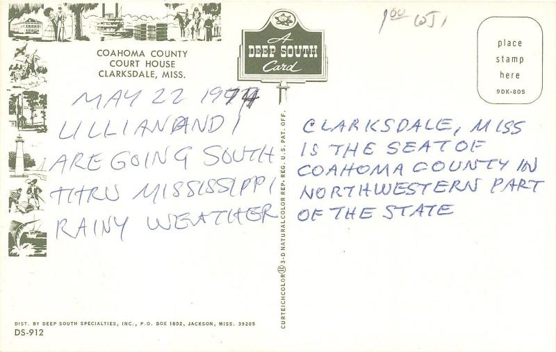 Clarksdale Mississipppi~Coahoma County Court House~American Flag~1960s Postcard