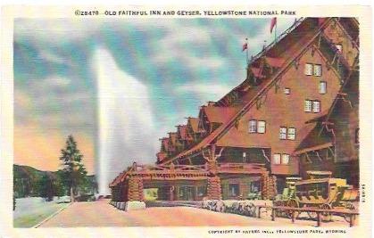 US unused 'golden oldie' Postcard, Old Faithful Inn and Geyser. approx 1925