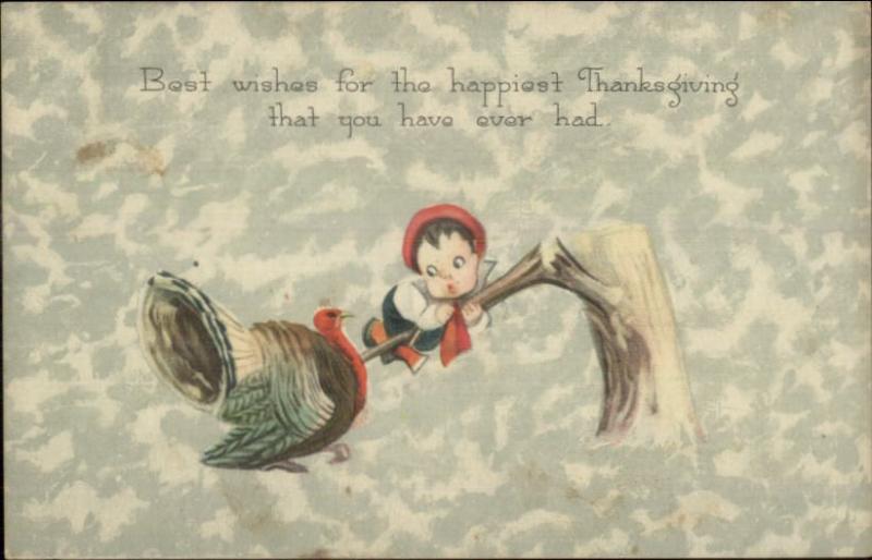 Thanksgiving - Little Boy Trying to Get Turkey c1910 Postcard